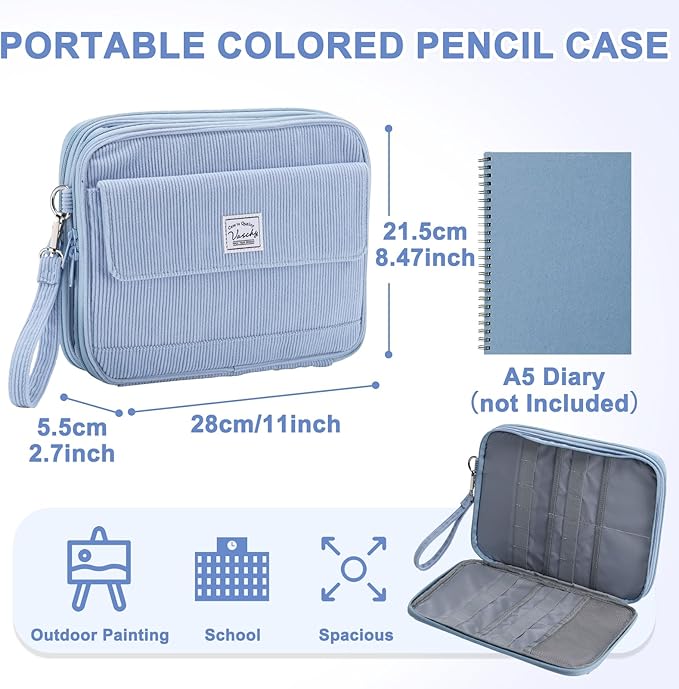 VASCHY Colored Pencil Case, Corduroy Large Pencil Pouch for Art Pens Markers Gel Pens Big Holder Organizer Fits 192 Pencils for Girls Women Light Blue