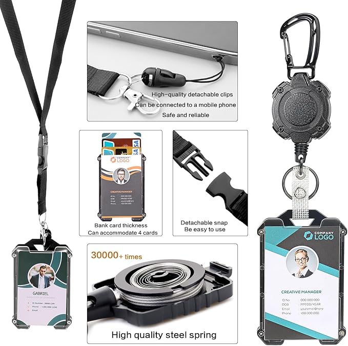 AIDSOTOU Badge Holder Retractable Clip Heavy Duty Carabiner Badge Reel Keychain with Breakaway lanyards for id Badges Cool Tactical ID Cards Holder