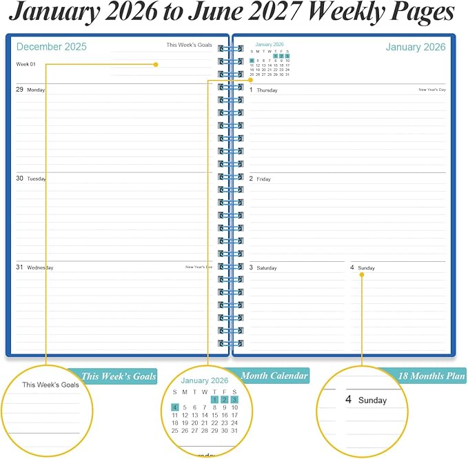 2026-2027 Planner - Weekly & Monthly Planner from January 2026 - June 2027, Spiral Planners 2026-2027 with Elastic Closure, Inner Pocket, Medium 5.8" x 8.3", Blue