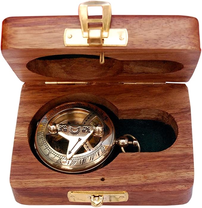 Bazross Brass Nautical Compass with Wooden Case - Antique Brass & Copper Sun Clock for Camping, Hiking, Touring - Engraved Gift for Him - Nautical Clock - Compass Gift