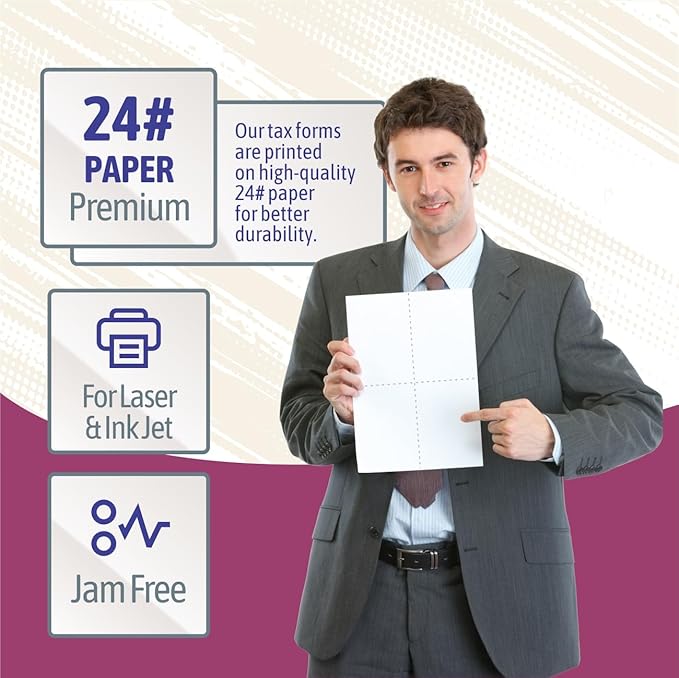 NextDayLabels - W-2 4-Up Employee Tax Forms, Instructions on Back" for 2025, for Laser/Inkjet Printer. Compatible with QuickBooks and Accounting Software ETC. (Pack of 50 Sheets & Envelopes)