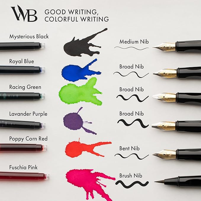 Wordsworth and Black Calligraphy Pen Set - Green - Includes 2 Calligraphy Pens, 18 ML Ink Bottle, 60 Ink Cartridges, Ink Refill Converter, 1 Medium and 4 Broad Nibs, Brush Pen