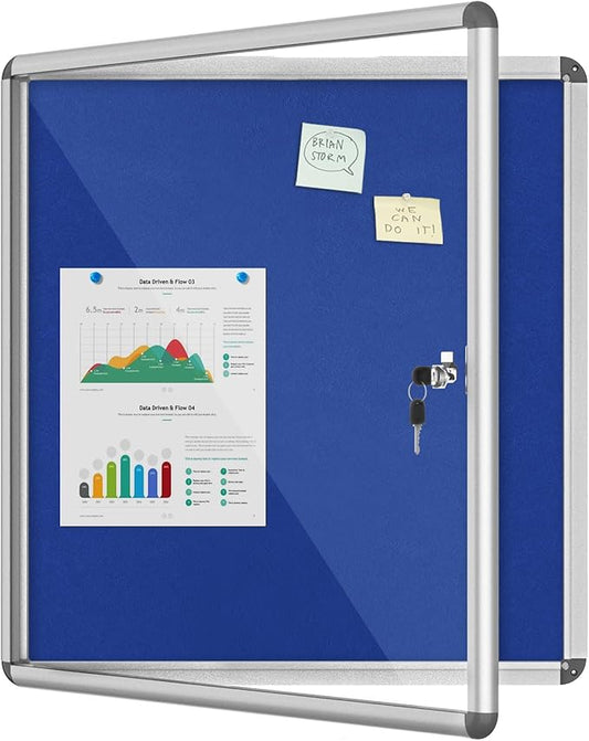 Mifuro 28"x26" Enclosed Bulletin Board, Lockable Weather-Resistant Aluminum Cork Noticeboard for School & Office, Silver Frame w/Blue Flet