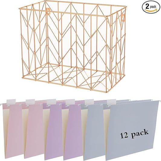 Fei Bi Hanging File Organizer, File Organizer, File Box, Rose Gold File Box, File Storage, equipped with 12 letter sized hanging folders