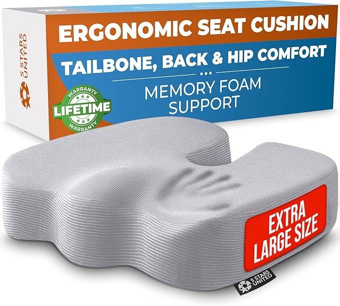 5 STARS UNITED Seat Cushion for Tailbone Pain Relief – Memory Foam Cushion for Coccyx, Hip, Sciatica & Post-Surgery Recovery – Wheelchair, Car, Desk, Gaming & Office Chairs, Light Gray, X-Large