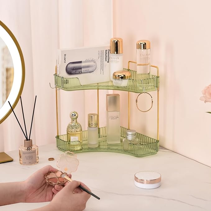 Trdongxu 2-Tier Corner Bathroom Organizer Countertop with Hooks, Bathroom Sink Corner Vanity Storage for Makeup, Skincare and Perfume (Green Gold)