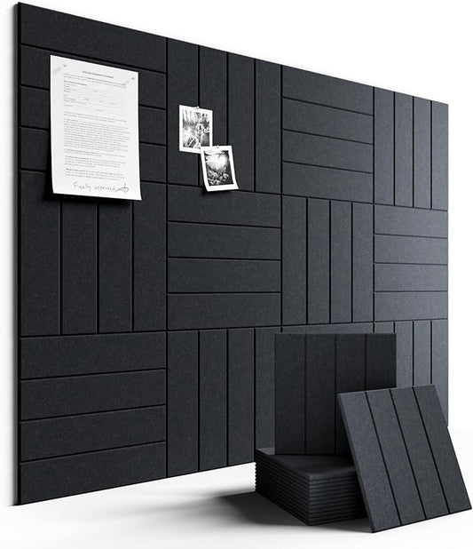 Fluxynara Felt Bulletin Board Tiles Large 48" x 36" Cork Board Alternative-12 Pack with 70 Adhesive Tabs, Thick Slat Wall Panels for Office Decor, Push Pin Board Wall Organizer -Deep Charcoal Blue