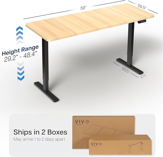 VIVO Electric 60 x 30 in Standing Desk, Memory Height Adjustment, 1B Series, Holds 220 lbs, Light Wood Top Black Frame, DESK-KIT-1B6C-30