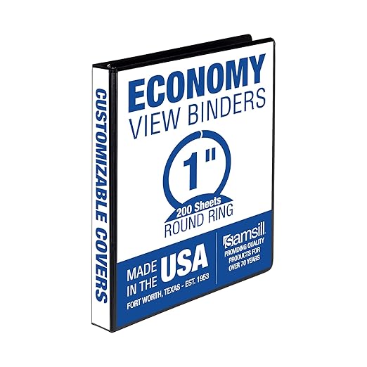 Samsill 1 Inch 3 Ring Binder, Made in USA, Economy Round Ring, Clear View Cover, 200 Sheet Capacity - for School, Home, Office - Charcoal Black