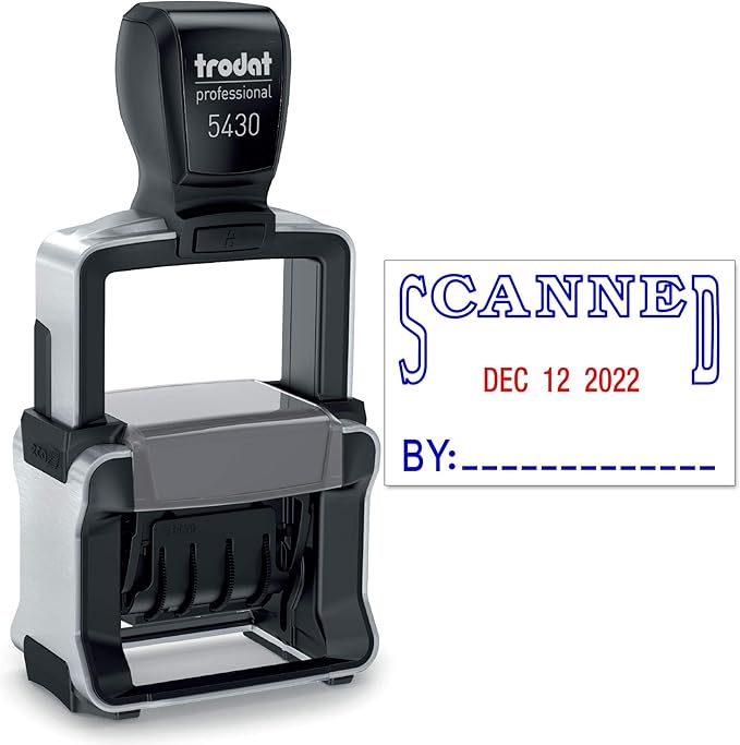 Trodat 5430 Professional Self-Inking Date Stamp with Scanned - Blue/Red 2 Color Ink
