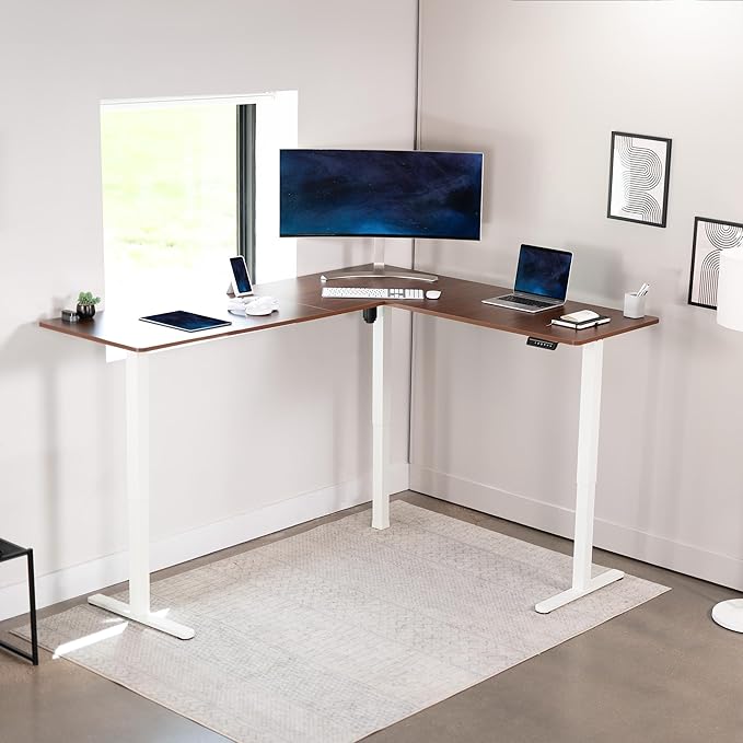 VIVO Electric Corner 75 x 63 inch L-Shaped Standing Desk, Memory Height Adjustment, Dark Walnut Top White Frame, DESK-E3CTWD-75