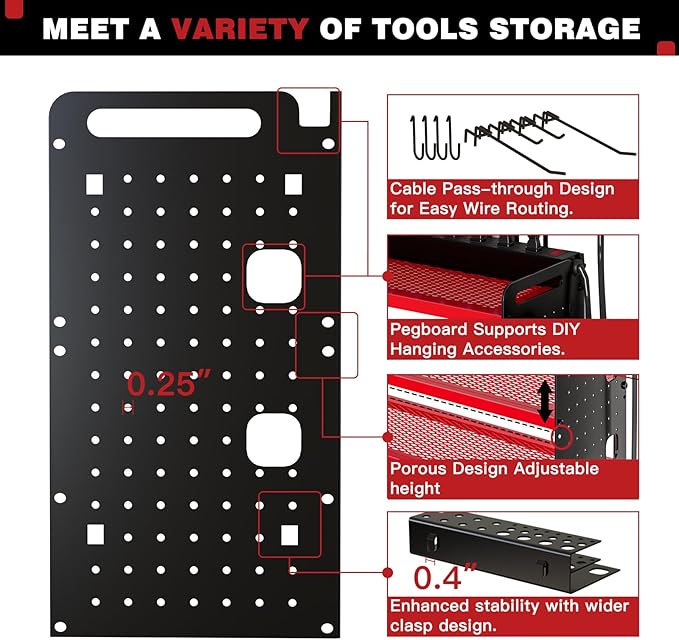 NattyDot Power Tool Organizer Wall Mount with Charging Station,Cordless Tool Organizer 8 Drill Holder, 4 Layer Storage Rack for Garage Organization,Tool Holder with 8 Outlet Power Strip (Red)