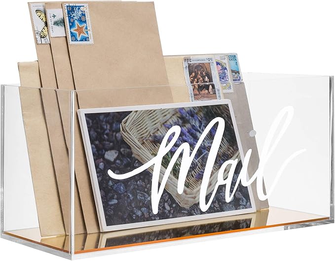 MyGift Clear Acrylic Tabletop Mail Organizer Box with Letter Word Script Design and Gold Mirror Base