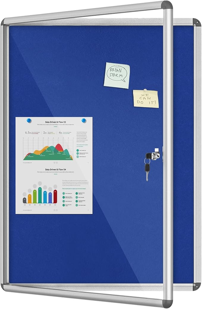 Mifuro 38"x28" Enclosed Bulletin Board, Lockable Weather-Resistant Aluminum Cork Noticeboard for School & Office, Silver Frame w/Blue Flet