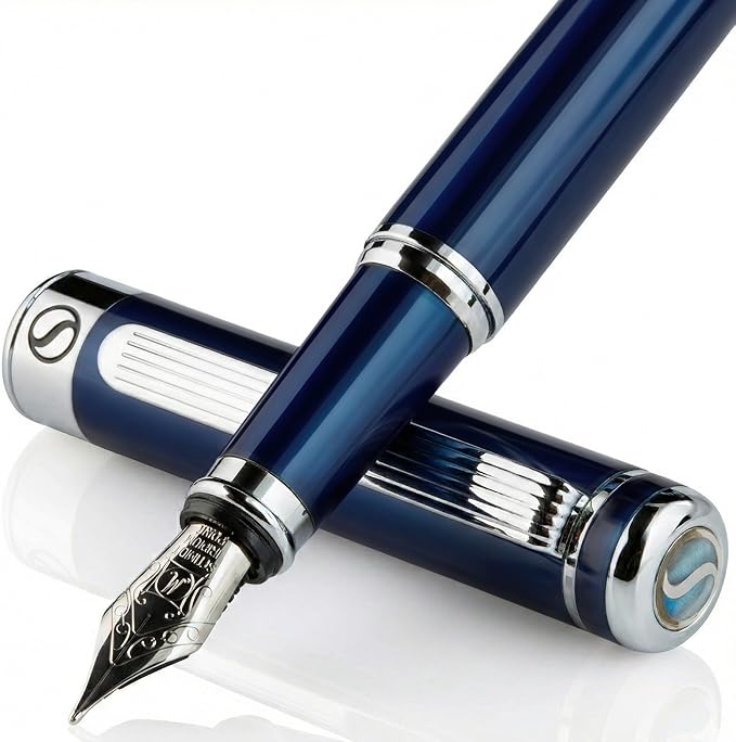 Scriveiner Midnight Blue Fountain Pen - Stunning Luxury Pen with Chrome Appointments, Schmidt Nib (Medium), Best Pen Gift Set for Men & Women, Professional, Executive, Office, Nice Pens