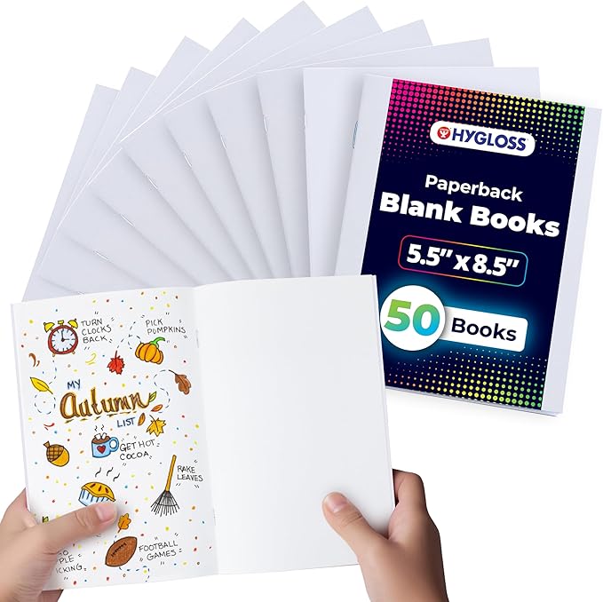 Hygloss Blank Books - Bulk 50 Pack – 5.5" x 8.5" A5 White Paperback Blank Books for Kids to Write Stories, Doodle, Arts & Crafts – Plain Drawing Sketchbook, Unlined Journal, Notebook Without Lines