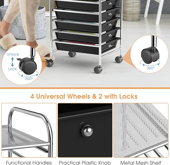 GLACER 10 Drawers Rolling Cart, Storage Cart with w/Removable Drawers & Steel Frame, Utility Mobile Trolley w/Universal Casters & 2 Brakes, Organizer Cart for Home, School, Office (Black)