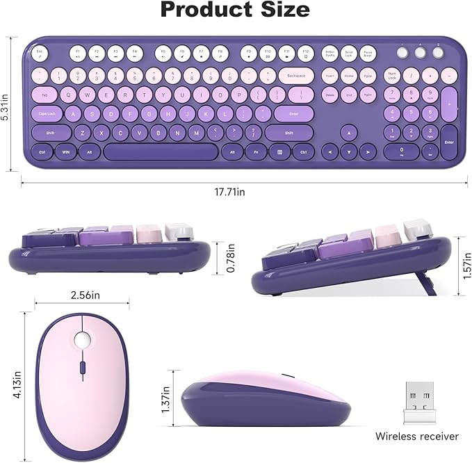 MOFII Wireless Keyboard and Mouse Combo, Full Size 2.4G Retro Round Computer Keyboard and Mouse Set, Plug and Play, for Windows, Computer, Desktop, PC, Notebook - (Purple Gradient)