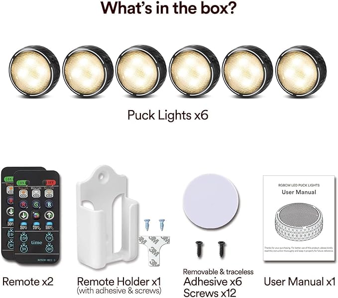 LED Puck Lights with Remote Battery Operated Under Cabinet Lighting Wireless Stick on Lights Color Changing Timer Tap Lights for Cabinets Shelves Closets Display Case - 6Pack Black