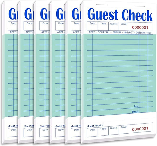 Guest Check Books 6 Pack, Guest Checks for Servers, Server Note Pads, Waitress Accessories Writing Pad, Thick Server Paper with Guest Receipts, Restaurant Supplies Order Pad Total 300 Sheets