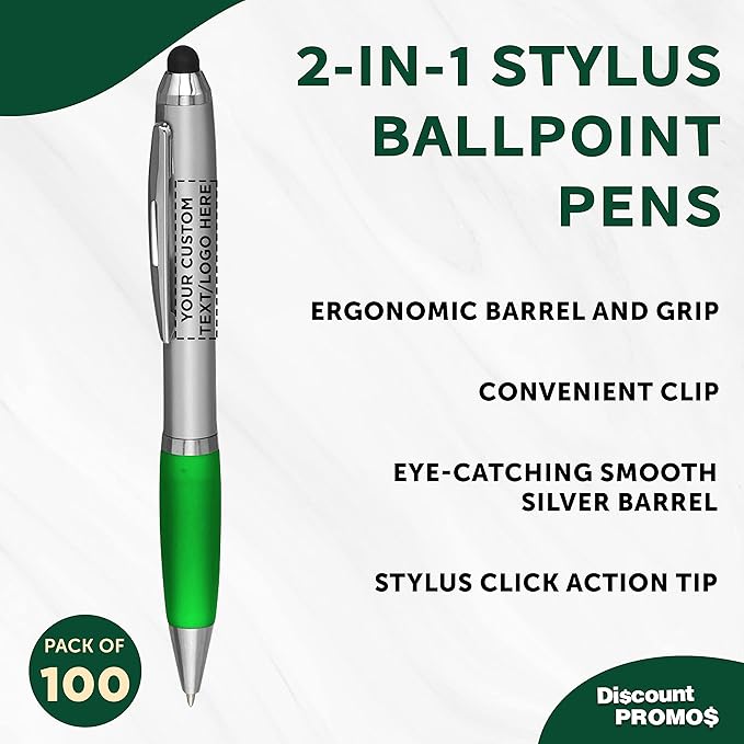 DISCOUNT PROMOS Custom Stylus Ballpoint Pens Set of 100, Personalized Bulk Pack - Black Ink, Great for Office, School, Business, Tradeshows, Events - Green