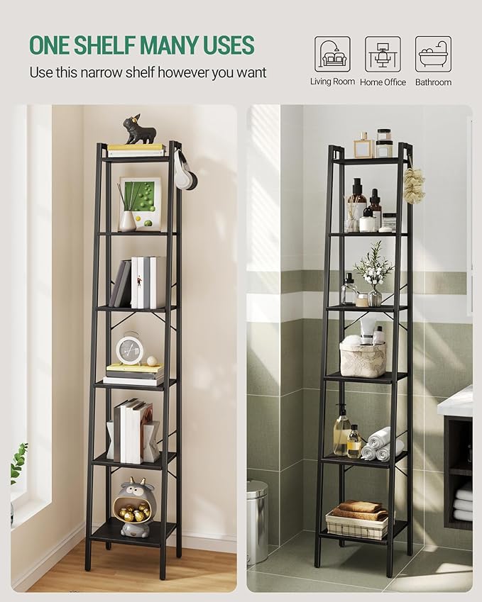 Hzuaneri Ladder Shelf, Bookshelf Bookcase, Freestanding Corner Storage Shelve with 2 Hooks for Home Office, Living Room, Kitchen, Bedroom, Industrial, 11.8" D x 13.4" W x 72.8" H, Black BC13304B