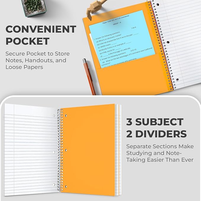 Rosmonde 3 Subject Notebook College Ruled, 12 Pack, 150 Sheets(300 Pages), No-Bleed Paper, 3 Hole Punched, 8x10-1/2, 3 Subject Spiral Notebook for School, Home & Office, Assorted Colors