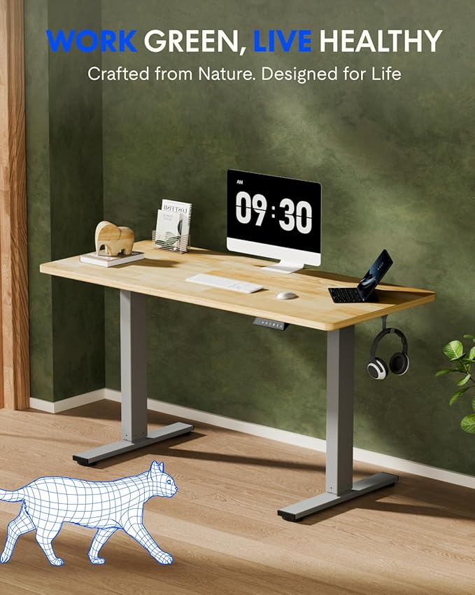 FLEXISPOT EN1 One-Piece Solid Wooden Standing Desk 55 x 24 Inches Height Adjustable Electric Sit Stand Home Office Desks (Silver Frame + Rubber Wood Top, 2 Packages)