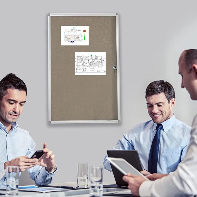 BEST BOARD Enclosed Bulletin Board Lockable Display Case Message Board with Locking Door for Indoor, Grey Felt, Aluminum Frame, 36 X 24 in