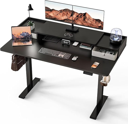 Kingant 63 x 30 Inch Electric Standing Desk with Dual Drawers, Adjustable Height Computer Desk for Home Office, Large Workstation Sit Stand Up Desk with Built-in Storage Shelf, Black