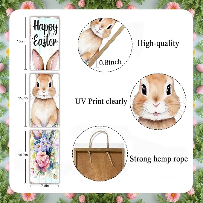 Happy Easter Bunny Welcome Sign for Front Door, 47 Inch Wood Framed Porch Sign Spring Easter Rabbit Flower Decorations with Hanging Rope, Farmhouse Rabbit Yard Signs Home Decor for Outdoor Patio