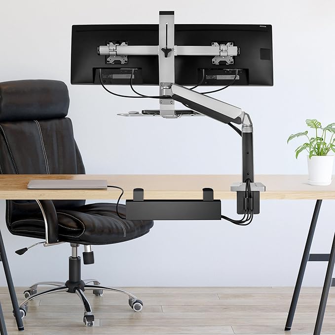 Mount-It! Under Desk Cable Management Tray – Clamp-On No-Drill Metal Cable Management Tray for Desk & Standing Desk, Wire & Cord Organizer for Power Strips, Glass Desks – 23.6” Black