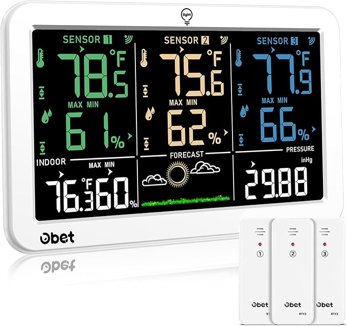OBET Weather Station Wireless Indoor Outdoor Thermometer with 3 Sensors, Temperature Humidity Monitor with Alerts 500ft Range and 3 Adjustable Brightness White