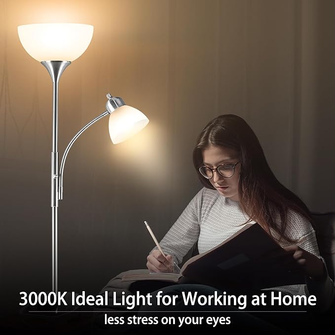 RISLG Floor Lamp, Dimmable Standing lamp, Stepless Dimming Brightness, Included 9W and 5W LED Bulbs, Industrial Floor Lamp for Living Room, Bedroom, Office, Reading