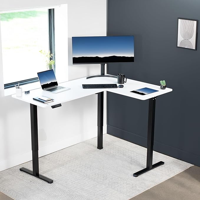 VIVO Electric Corner 63 x 47 inch L-Shaped Standing Desk, Memory Height Adjustment, White Top Black Frame, DESK-E3CTBW-47