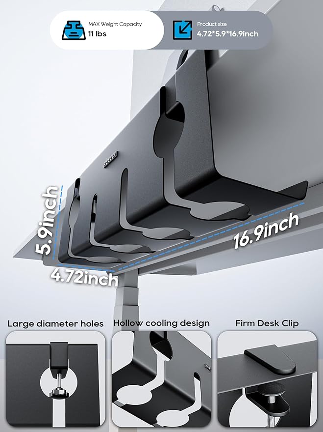 NODOCA No Drill Under Desk Cable Management Tray, 17'' Wire Management, Punch-Free Clamp on, Metal Cable Tray, Wire Organizer Under Desk, Under Desk Basket for Office and Home, Black