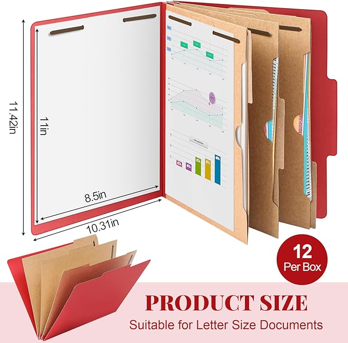 12 Pcs Classification Folders Letter Size 3 Pocket Dividers Employee File Folder with 2 Prongs Fasteners, 2 in Expansion Heavy Duty Pressboard File Holder for School Office Medical Document(Red)