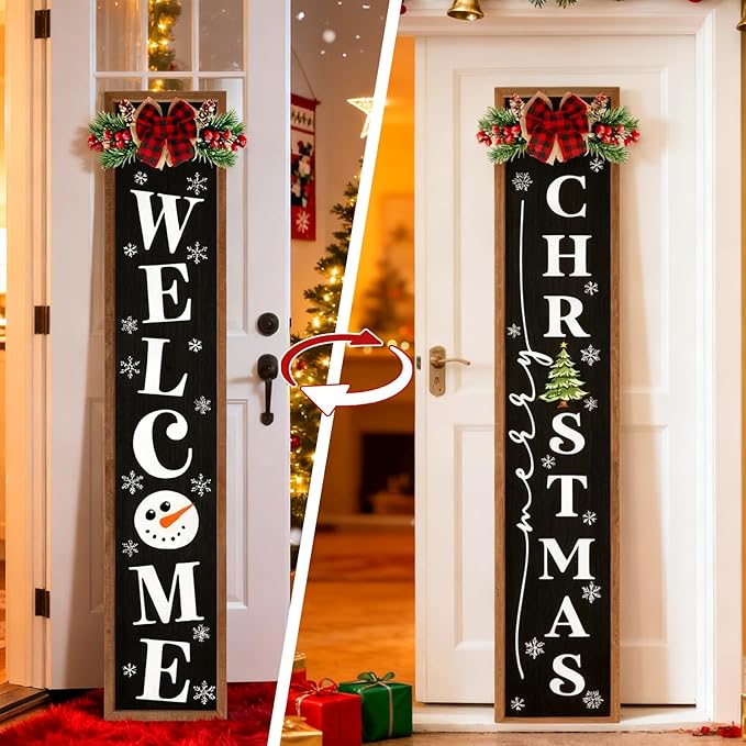 Double-sided Merry Christmas Wooden Sign Stand with Magnetic-adhesive Wreath for Front Door, 47" Farmhouse Vertical Snowman Welcome Porch Sign, 2in1 Tall Xmas Porch Leaner Decor