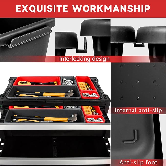 FLYVOLE Tool Box Organizer Tray, Toolbox Desk Drawer Organizer, Tool Box Tray, Toolbox Organization Storage for Rolling Tool Chest (60PCS (Black+Red))