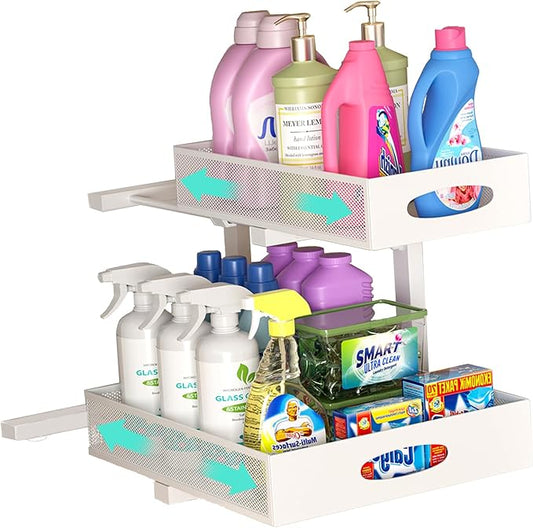 Beleeb Under Sink Organizer, Extra-Wide Upgrade, 1 Pack 2 Tier Metal Slide Out Cabinet Organizer, Height Adjustable Organization and Storage Series, Bathroom/Cabinet/Kitchen organization, White