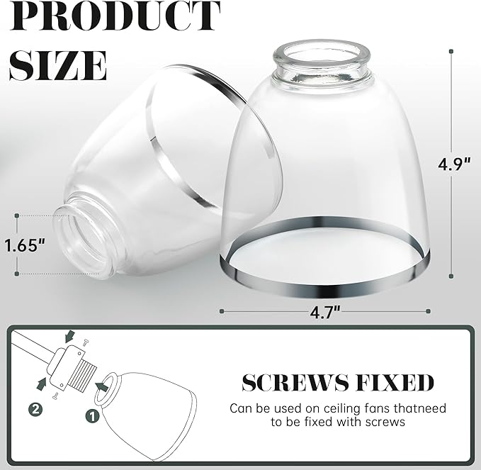 Eidonta 4 Pack Clear Glass Shade Replacements, Bell Shaped Glass Shade Covers with Silver Ring, 4.92"High, 4.72"Diameter, 1.65 "Fitter, High Transmittance Globe Lampshade