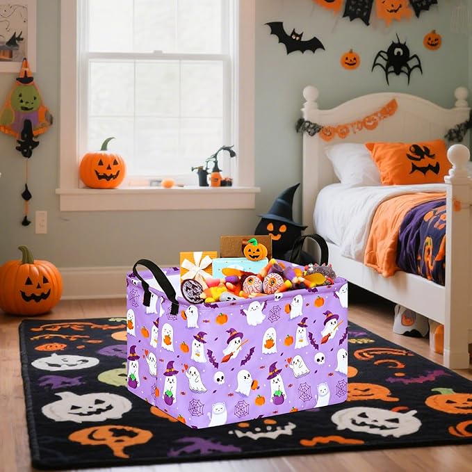 FUULOXE Halloween Empty Storage Basket with Handles Open Gifts&Candy Spooky Basket stuffers for Kids Baby Collapsible Women Organizer Bins Toys Boxes for Shelves Home Office