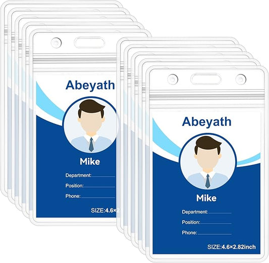ABEYATH 10 Pack Extra Thick ID Card Name Badge Holder Heavy Duty Waterproof Clear Plastic PVC Vertical Sleeve Pocket Resealable