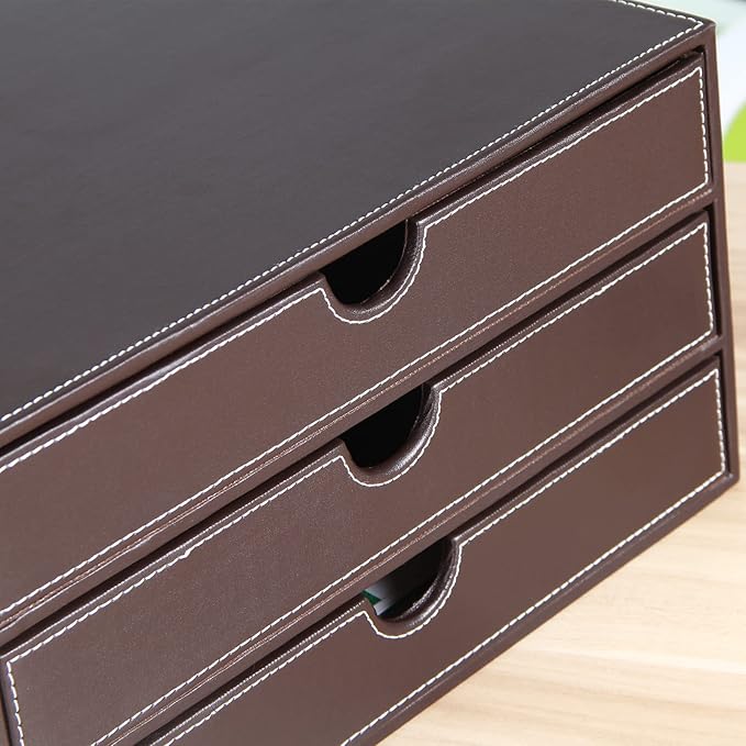 RHCSZ Stackable 3-Drawer Desk Organizer, Executive Office Supplies Desktop Filing A4 File Cabinet/Holder, Leather Storage Box for Document/Paper/Home Decor Accessories (brown)…