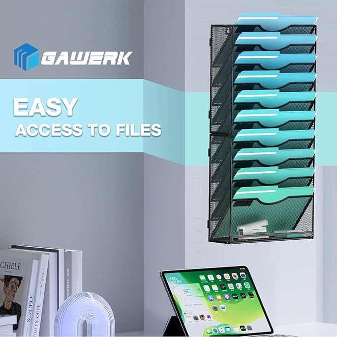 Gawerk 11-Tier Wall File Organizer Hanging Wall File Holder Wall Mount Paper Folder Organize, Mesh Magazine Document Mail Organizer Wall Organizer for Office School Home, Black
