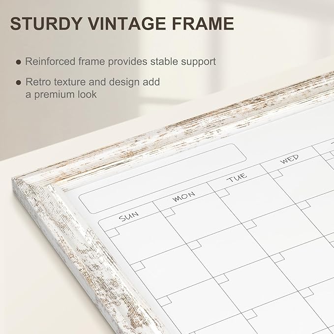 Monthly Dry Erase Calendar Whiteboard for Wall, 24" x 18" Magnetic White Board Calendar Board - Rustic Vintage Wooden Frame