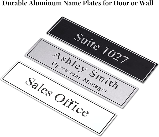 2" x 8" Personalized Office Aluminum Name Plates, Custom Elegant Name Plates for Office Door or Wall Sign, Door Name Plate with Adhesive, 3 Colors Available (Silver, Black, White)