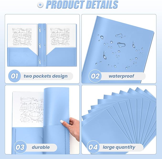 Lincia 100 Pcs Plastic Folders with Pockets and Prong Folders with Prongs 2 Pockets for Office, School for Students, Teachers, Office Workers(Haze Blue)