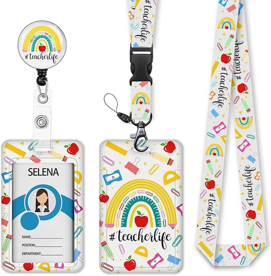 Rainbow Teacher Badge Holder with Retractable Lanyard, Lanyards for ID Badges Name Tags Vertical Card Holder, Breakaway Lanyard Badge Reel Retractable, Teacher Nurse Workers Women Office Gifts