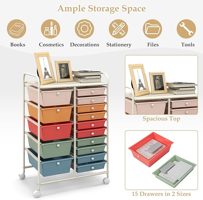 HAPPYGRILL 15-Drawer Rolling Cart, Storage Carts with Removable Drawers & Steel Frame, Utility Cart on Lockable Wheels for Home, School, Office, Macaroon
